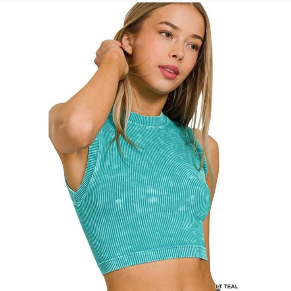 New Light Teal Ribbed Crop Muscle Tank